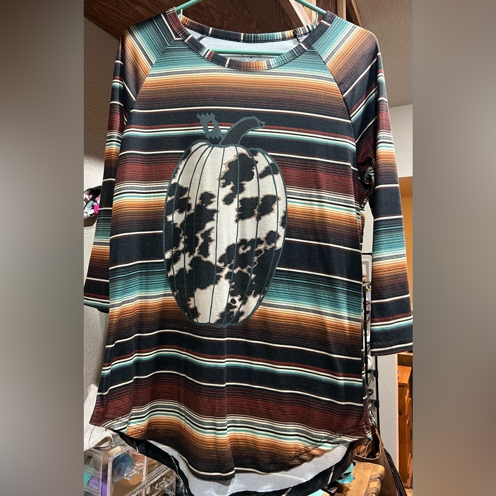 Crazy Train - 3/4 Sleeve Striped Western Rustic Cow Print Pumpkin Fall Shirt